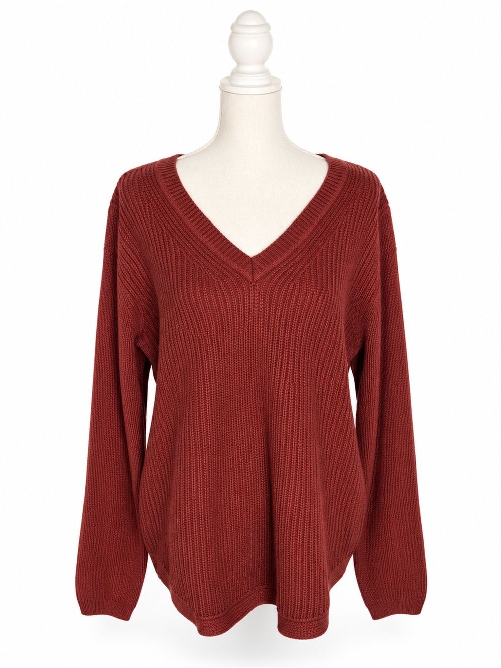 V-Neck Rib Knit Sweater - Rust